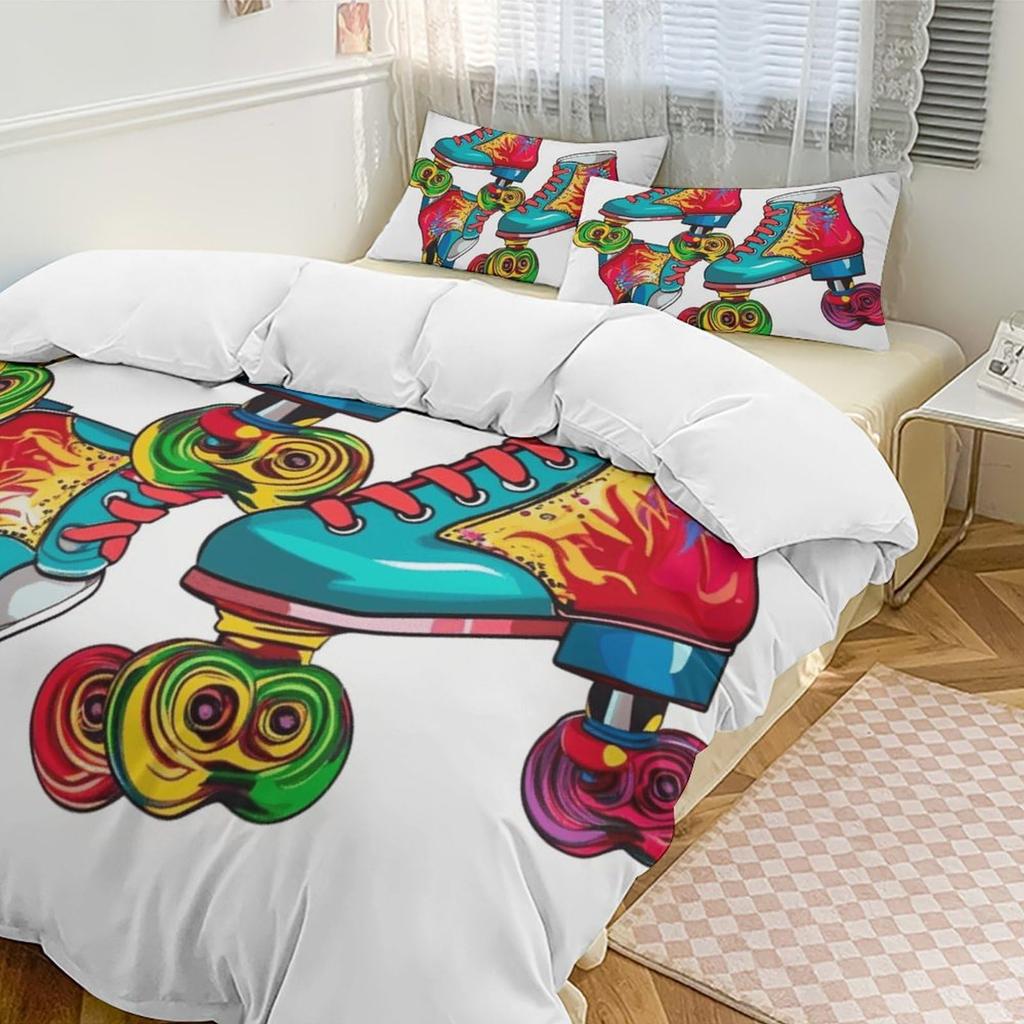 Roller Skates Duvet Cover Set For Kids Teens Boys Girls Lightweight Bedspread Cover Bedroom Decor Winter Sports Game Bedding Set