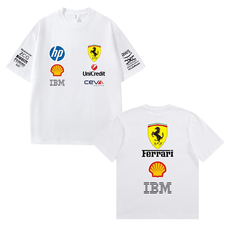 Herren und Damen Oversize Ferrari F1 Renn T-Shirt Klassischer Sponsoren Logo Druck Kurzarm Motorsport Lässig Streetwear Tee