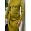 Satin Evening Dress With Sleeve Fringes, Oil Green