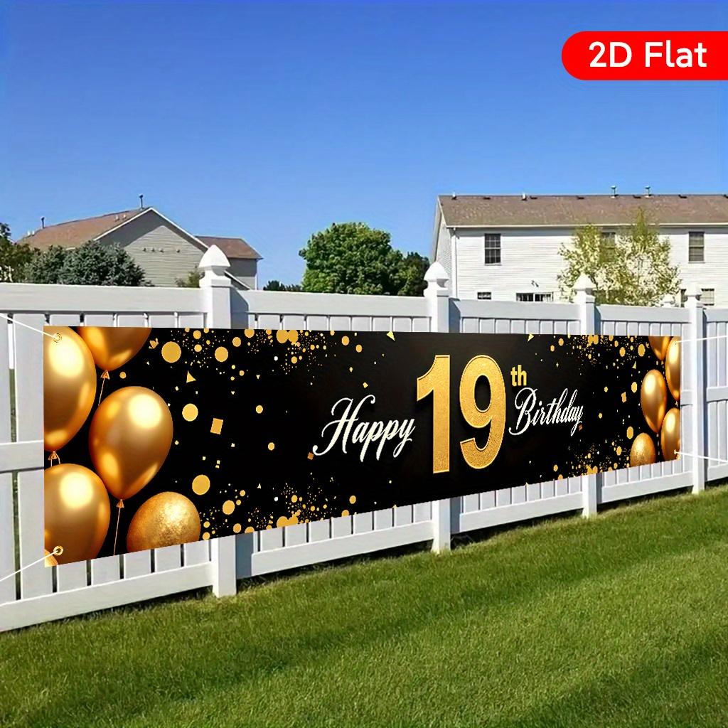 19th Birthday Yard Banner, Golden Balloons & Confetti Theme, Polyester Outdoor Anniversary Decoration