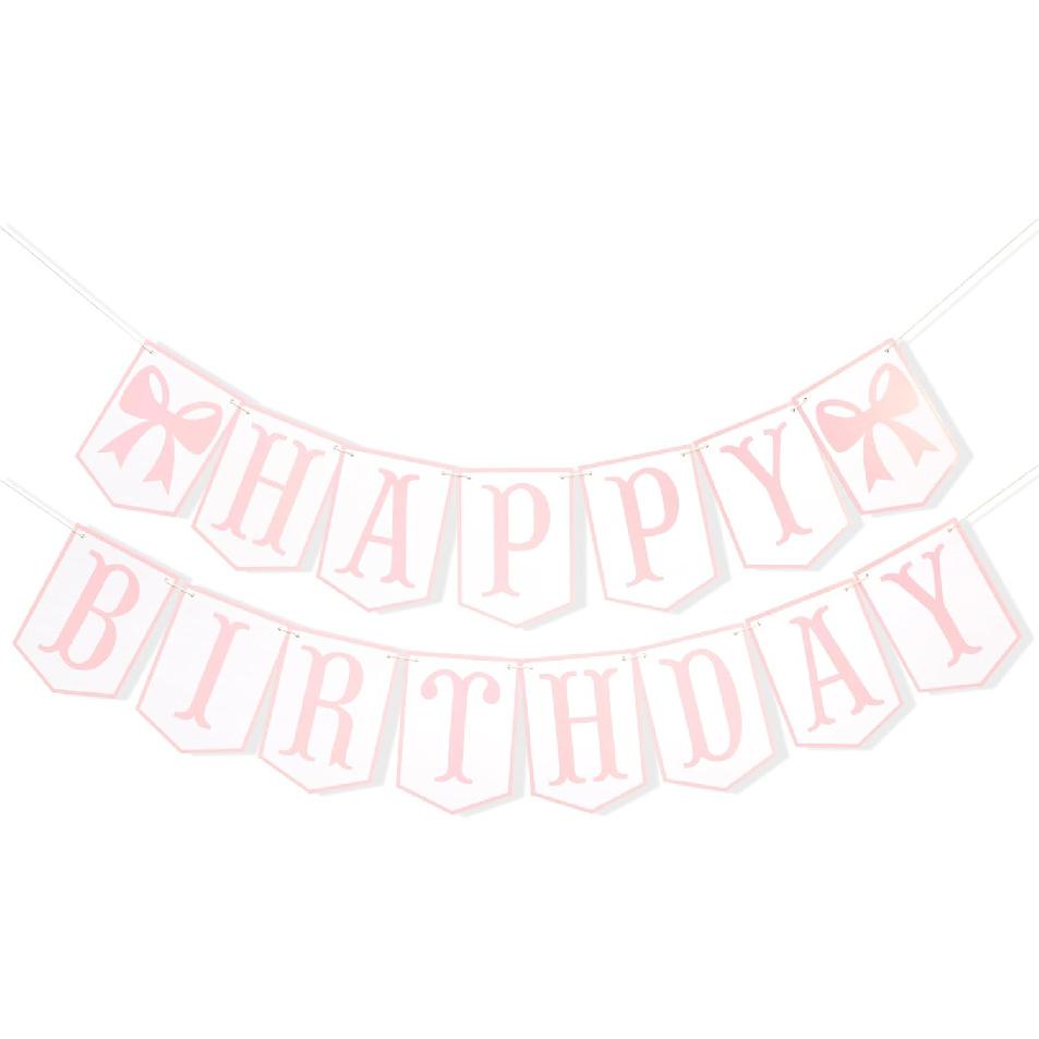 Happy Birthday Bow Girl Banner - Bow 1st Birthday Decoration,Pink First Bow Happy Birthday Banner,Girl First birthday Party Decor