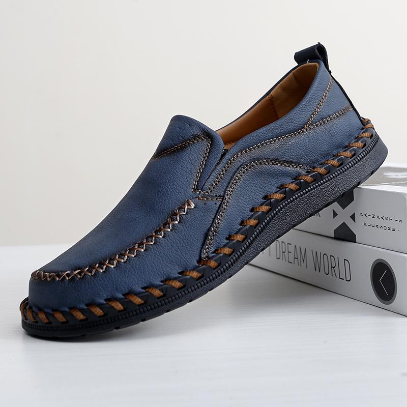 

Мужские туфли ручной работы из кожи, мокасины, удобные лоферы, слипоны, плоская подошва, обувь для ходьбы на открытом воздухе 47 синий