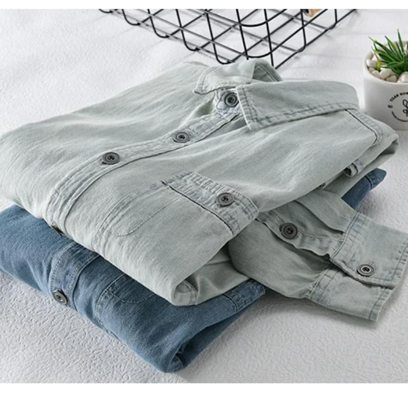 Vår Höst Långärmad Denimskjorta för Man Daglig Casual Ljusblå Jeans Herrtoppar Ren Bomullsskjorta Slim Fit Ungdom Enkel Stil Herrkläder