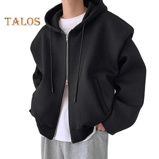 Men Sweatshirt Hooded Drawstring Long Sleeve Zipper Placket Sport Coat with Pockets Solid Color Loose Fit Casual Outwear