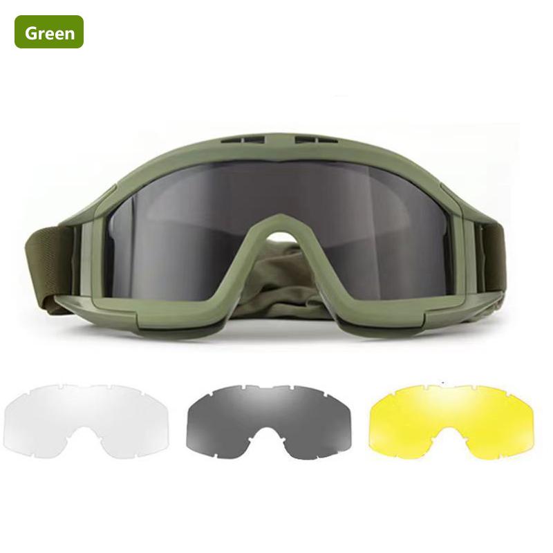 Tactical Goggles Mountaineering Shooting Sunglasses Windproof Sand Control Motocross CS Glasses 3 Lenses Replaceable Motorcycle зелёный