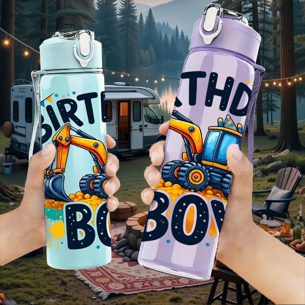 1PC Birthday Boy Excavator 750ml Color Plastic Sports Water Bottle Leakproof Flip Straw Lid Suitable for Sports Office Home Use
