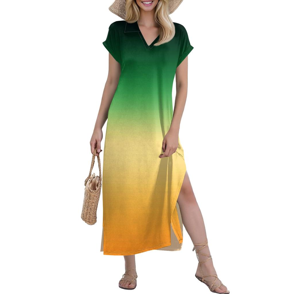 Damen Langer Rock Lässiges V-Ausschnitt Langes Hemdkleid Lockerer Schlitz Urlaub Kurzarmkleid