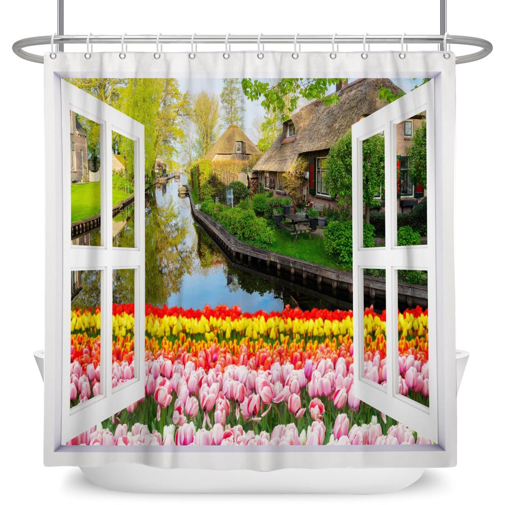Garden Path Shower Curtain with 12 Hooks Realistic Forest Landscape Butterflies Waterproof Polyester Bathtub Bathroom Curtain