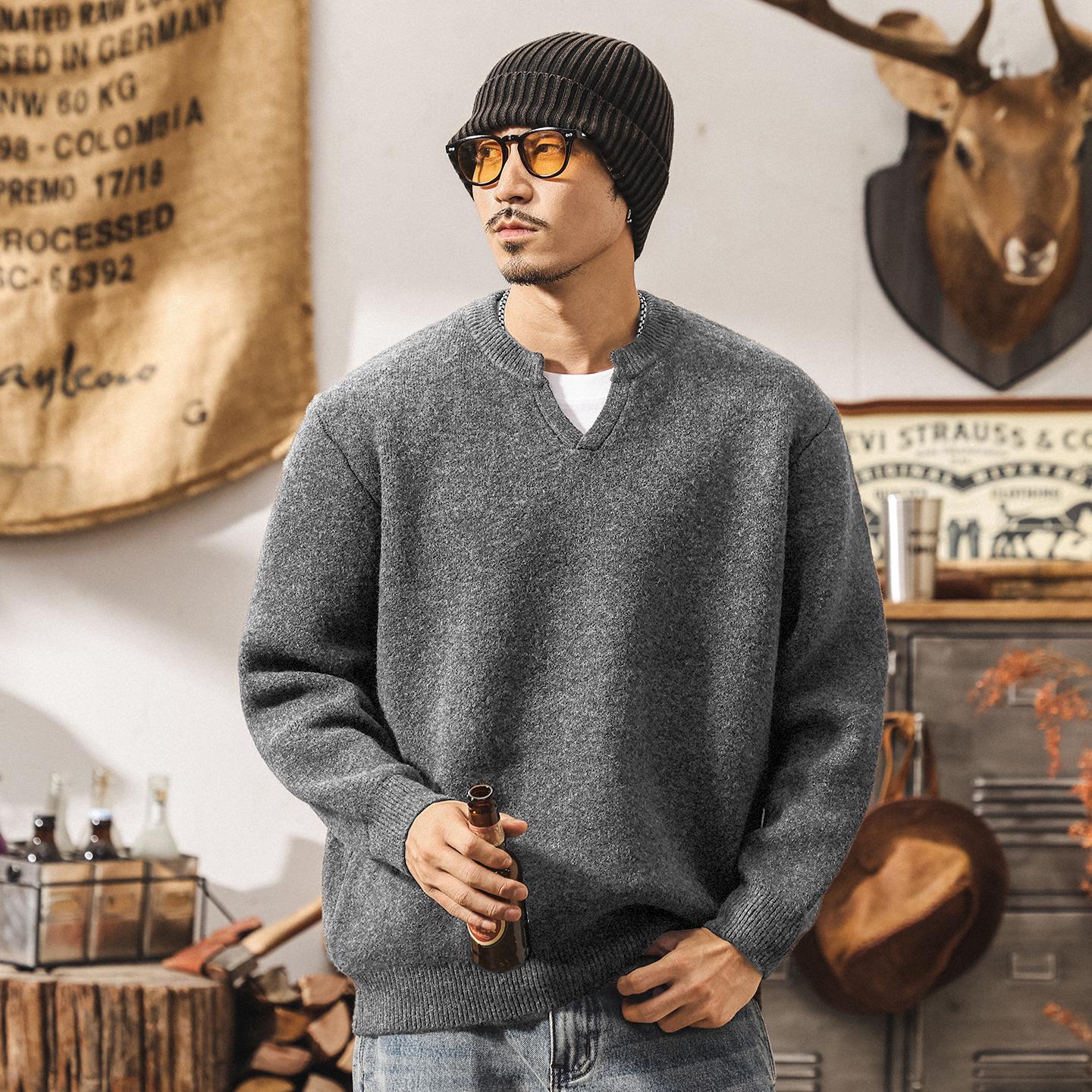 

Men s Retro V-neck Wool Sweater: Winter Warmth and Plush Feel L (125-145 jin)