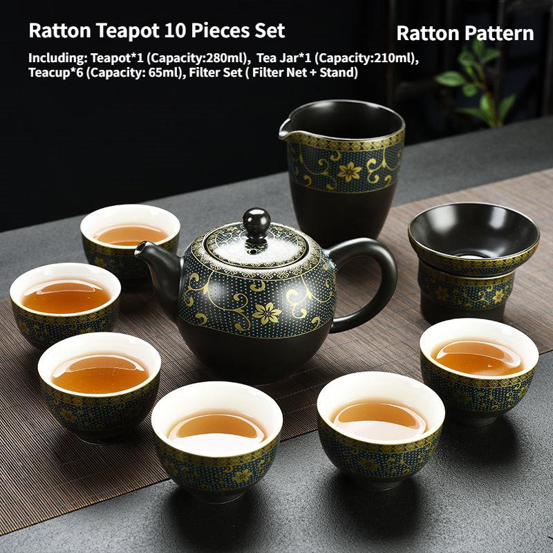 Chinese Style Kung Fu Ceramic Teapot, Teacups, Jug and Filter Set, Hand-Grap Pot, Drinkware Gaiwan, High Quality, Elegant Black