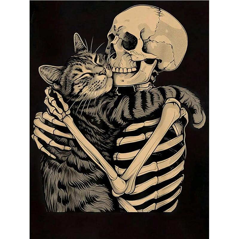 Halloween Skull and Cat Print Black T Shirt Casual Comfortable Women Crew Neck Short Sleeve T-shirt Gothic Vintage Y2k Tees Tops