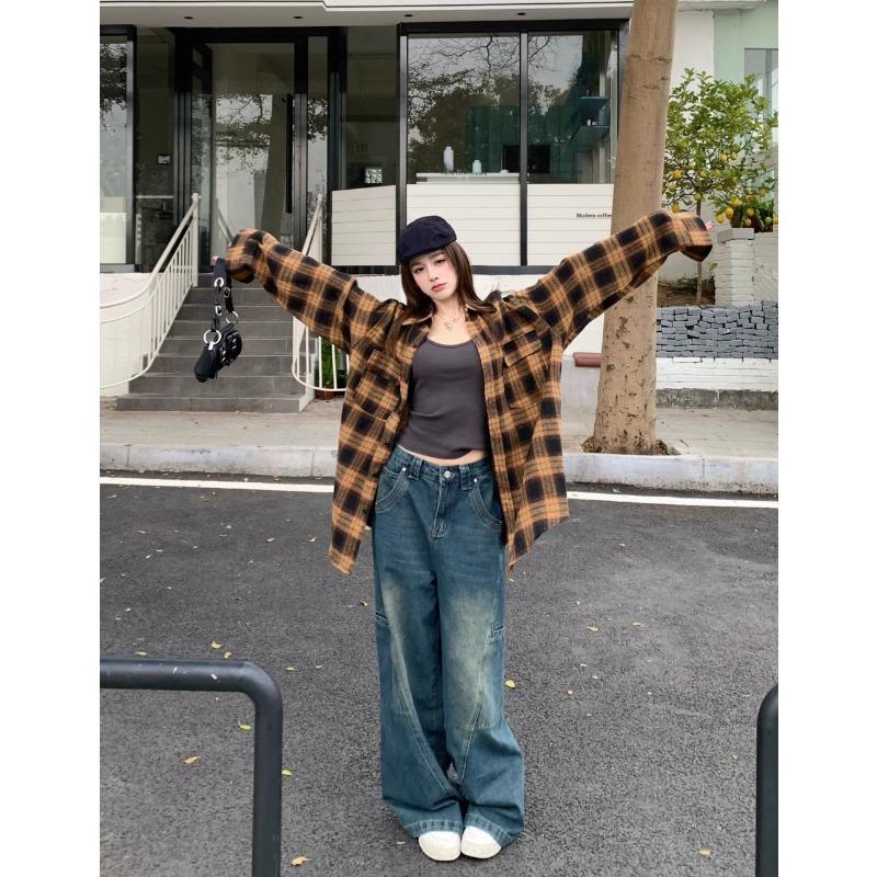 Woolen Plaid Women's Shirt New Collar Long Sleeved Button Up Blouse Spring Autumn Korean Casual Woman Fashion Top