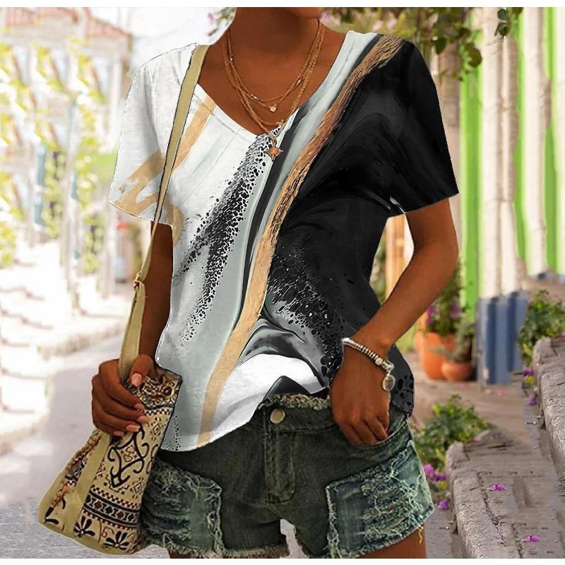 Letní dámská trička 3D barevný gradient Grafický potisk Fsahion Ležérní Krátký rukáv Topy s výstřihem do V Tričko Oversized Dámské Oblečení