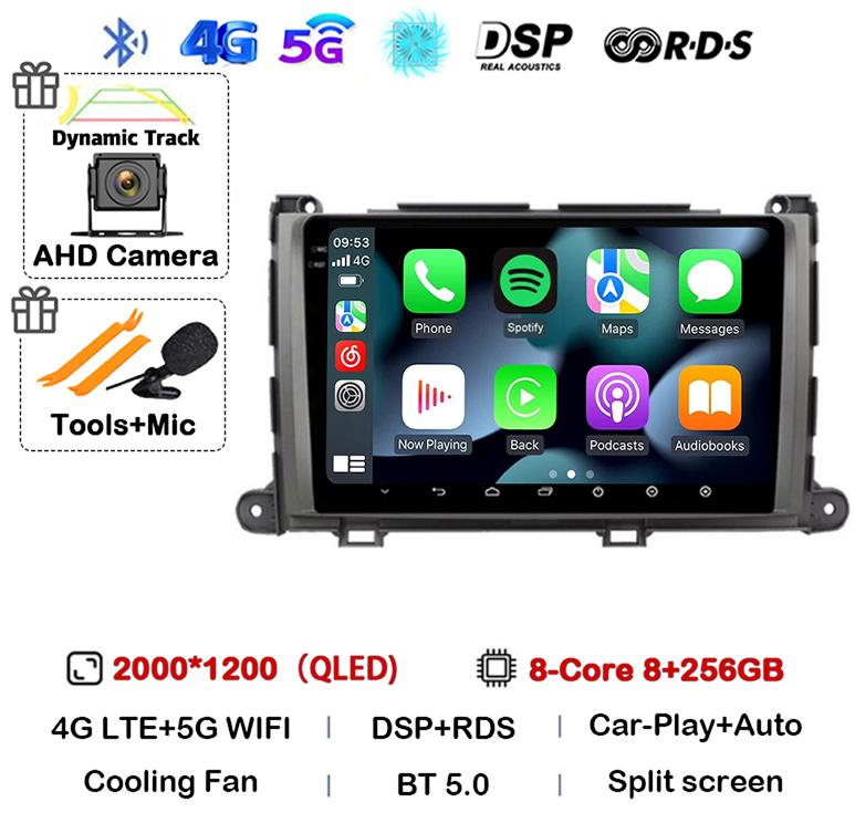 Android 14 Carplay Car Radio Player for Toyota Sienna 2009 2010 2011 2012 2013 2014 2Din Multimedia Autoradio Navigation GPS DSP
