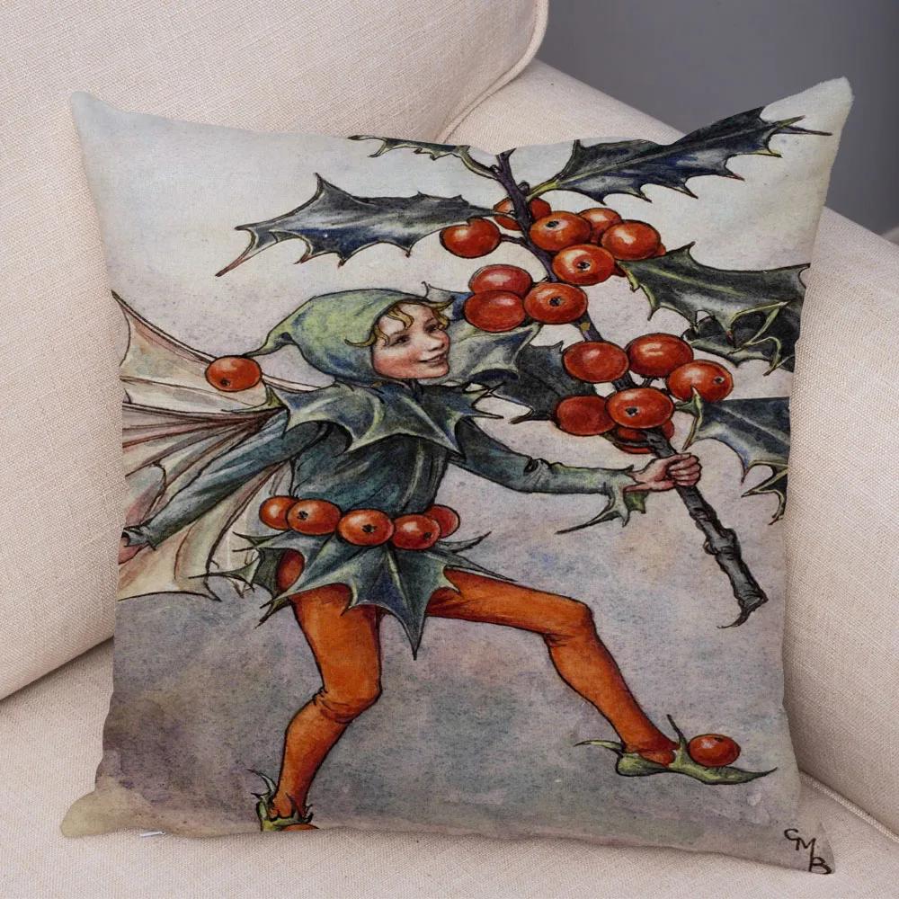 Vintage Cartoon Elfen Kissenbezug Dekor Bunte Märchenwelt Kissenbezug Plüsch Blumenmädchen Kissenbezug für Sofa Zuhause