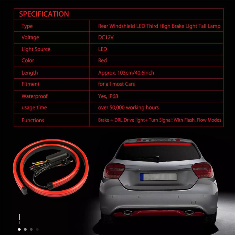 Car Led Rear Brake Light Strip High Mount Brake Stop Turn Signal Light Auto Running Warning Driving Drl Tail Lamp 100Cm 12V