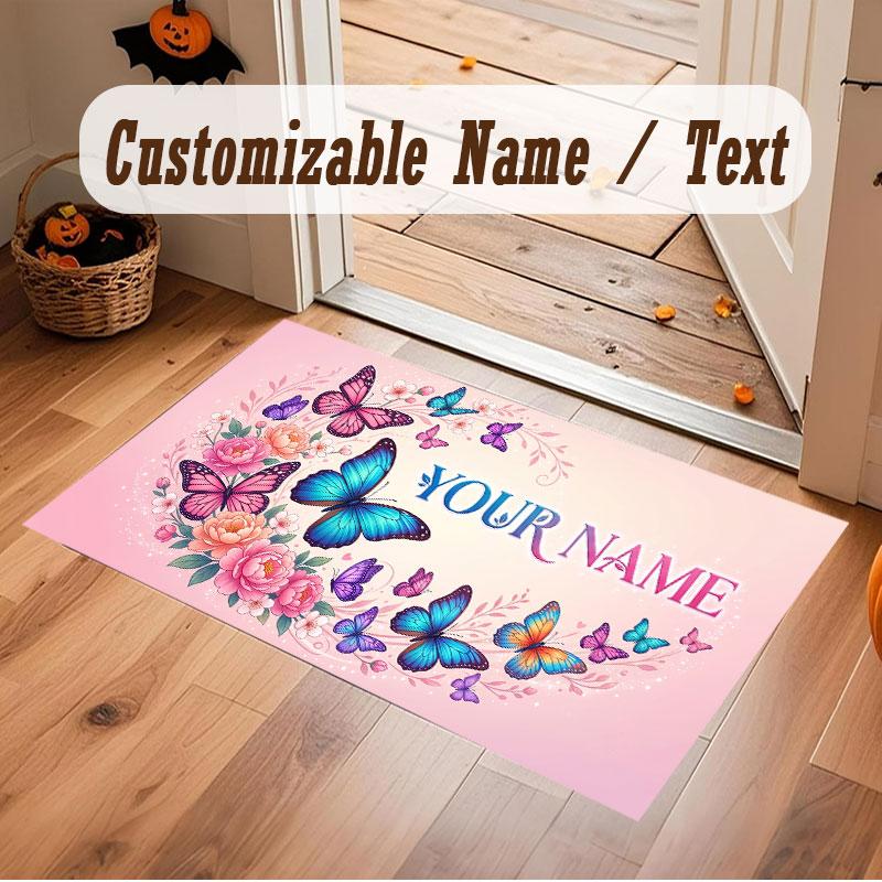 Butterfly Theme Crystal Velvet Floor Rug Personalized Custom Name Text Warm Carpet Home Decoration