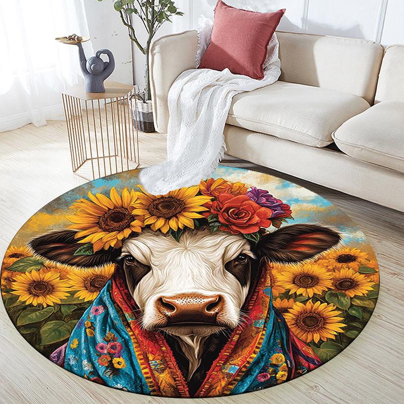 Cow with Sunflower Round Area Rug,Carpet Rug for Living Room Bedroom Sofa Playroom Decor,Non-slip Floor Mat