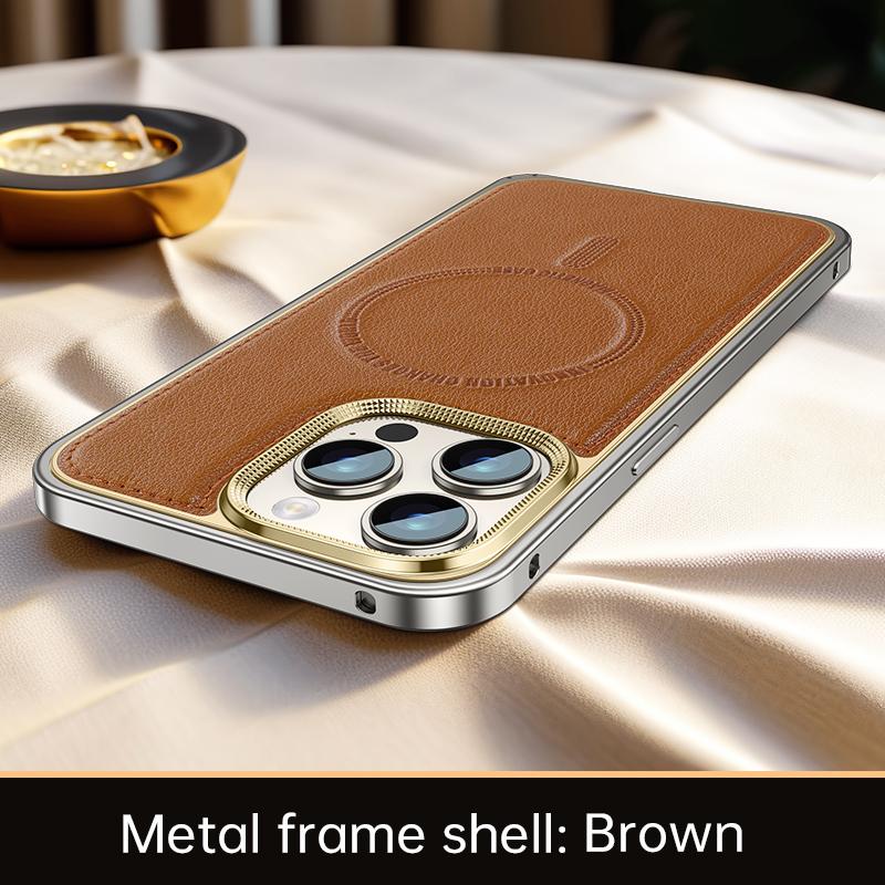 Husa de telefon din piele de lux Magsafe cu cadru metalic pentru iPhone 14 15 Pro Max Cadru din aliaj de aluminiu Placa din piele din spate Husa rezistenta la socuri