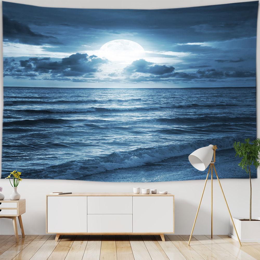 Beach Starry Tapestry Home Decor Living Room Natural Moon Sea Landscape Tapestry Fabric Hippie Wall Hanging Tapestry tapiz