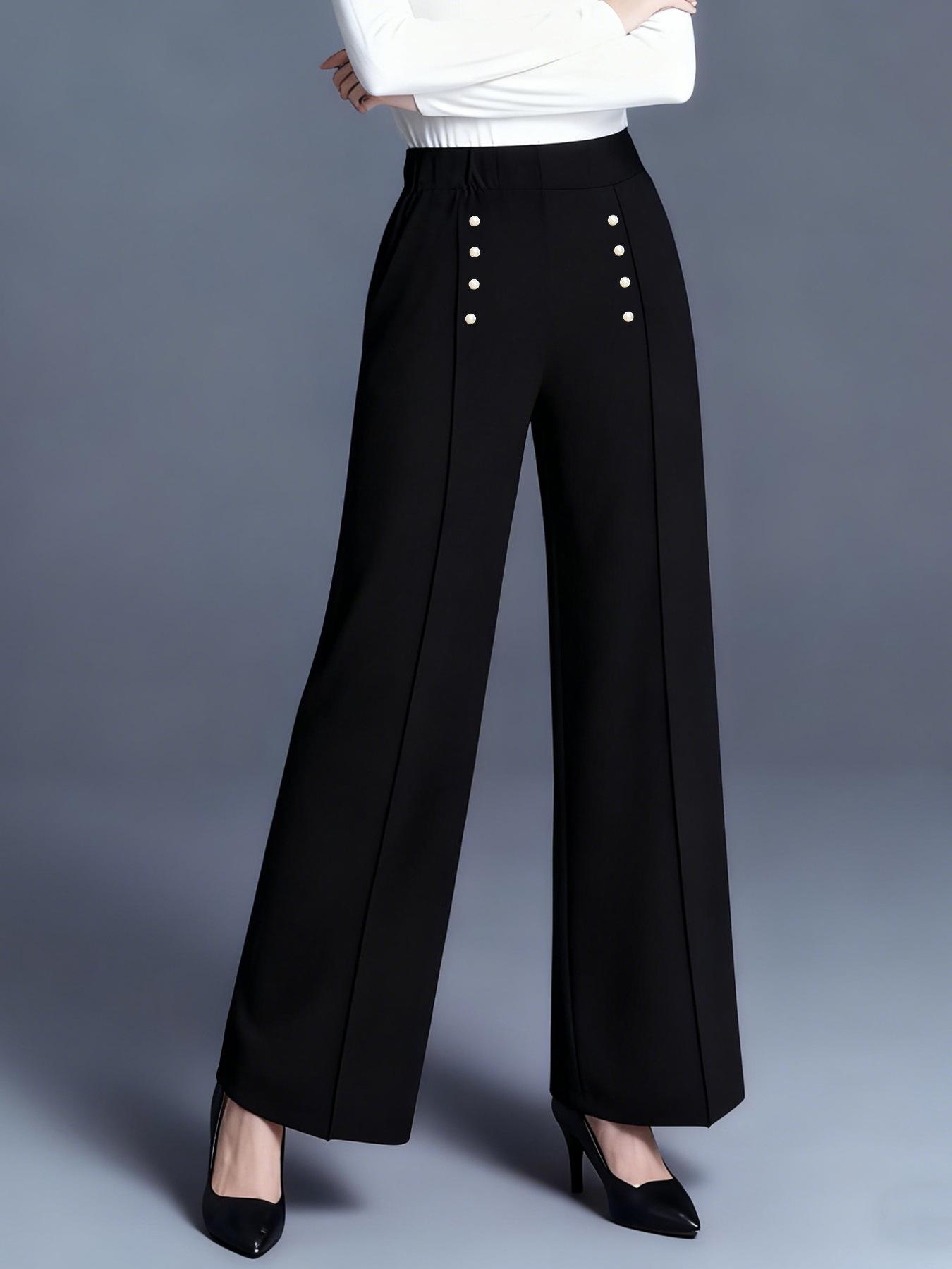 Plus Size Women s Elegant High-Waisted Wide-Leg Pants with Pearl Detail XL