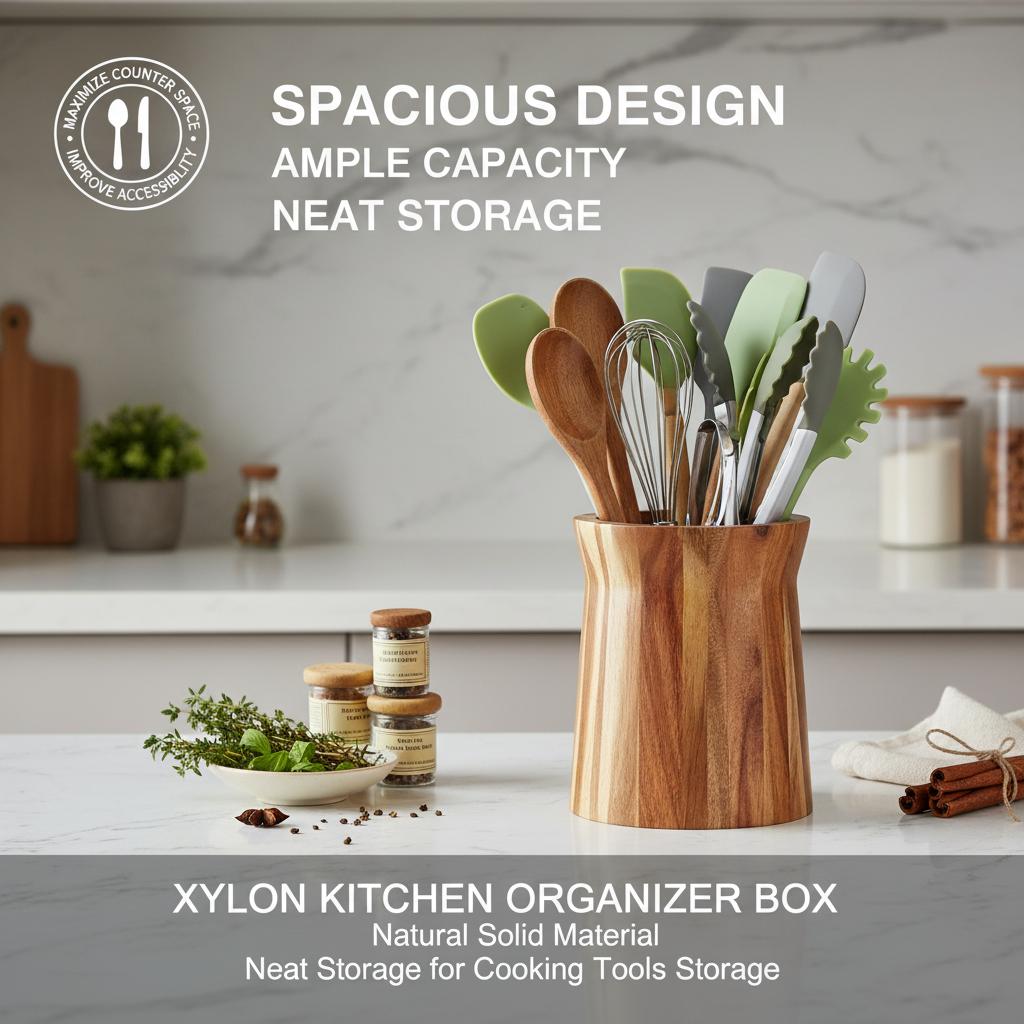 Xylon Kitchen Organizer Box Natural Solid Material Neat Storage for Cooking Tools Storage