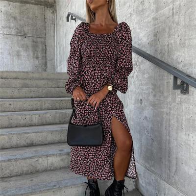 Women Spring Autumn Long Sleeve Square Collar Floral Printed Split Dress