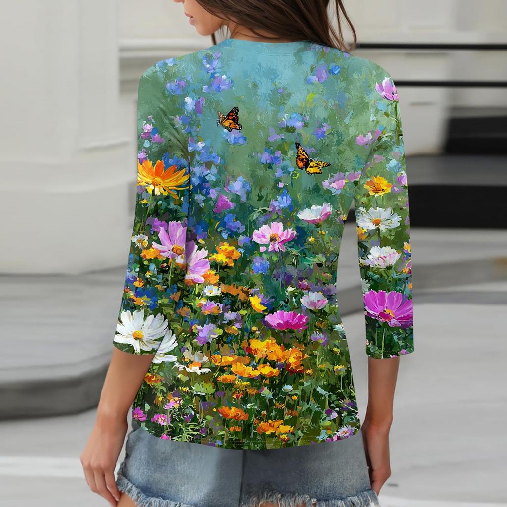 3/4 Length Sleeve Women's Tops Print Vintage Fashion Casual Loose With V Neck Plus Size Shirts Tops