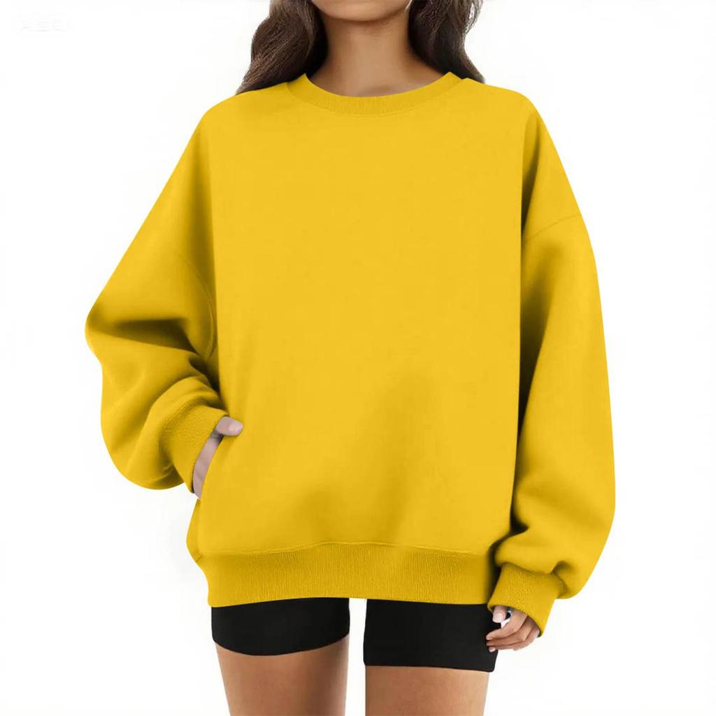 Women's Round Neck Tops Cotton Women's Casual Fashion Long Sleeve With Pocketed O-Neck Pullover Top Blouse