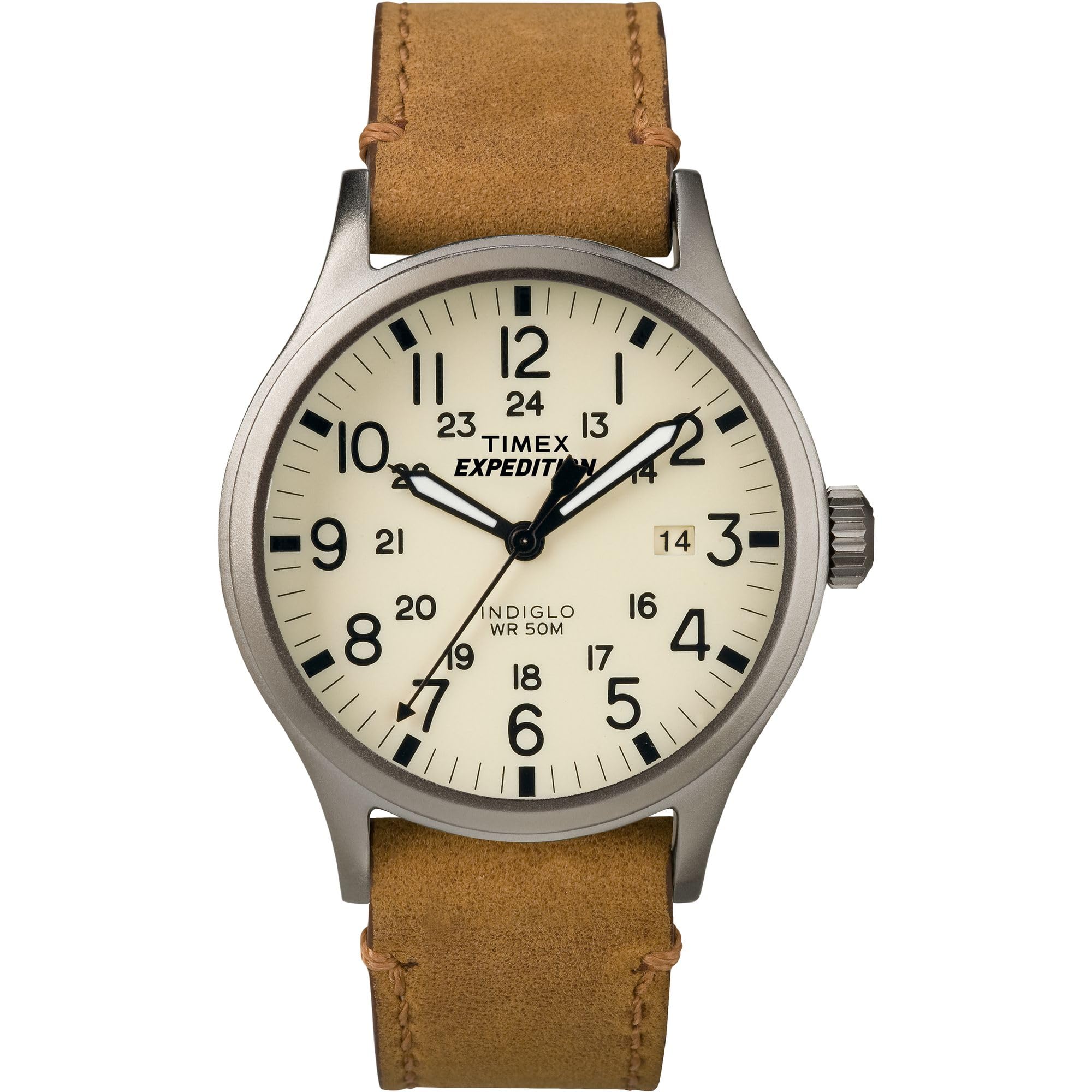Timex Expedition Scout 40 Men s Watch Brown Leather Strap White Dial INDIGLO 50M Water Resistant