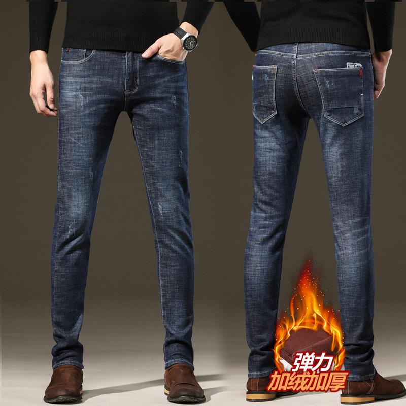 

Осень и зима плюс бархатные толстые джинсы мужские модные брендовые облегающие эластичные маленькие прямые брюки мужские брюки 36 темно-синий