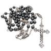62KD Vintage Religion Rosary Necklace Hematite Stone Round Beads Chain with Jesus for Cross Pendant Necklace Catholic Jewelry