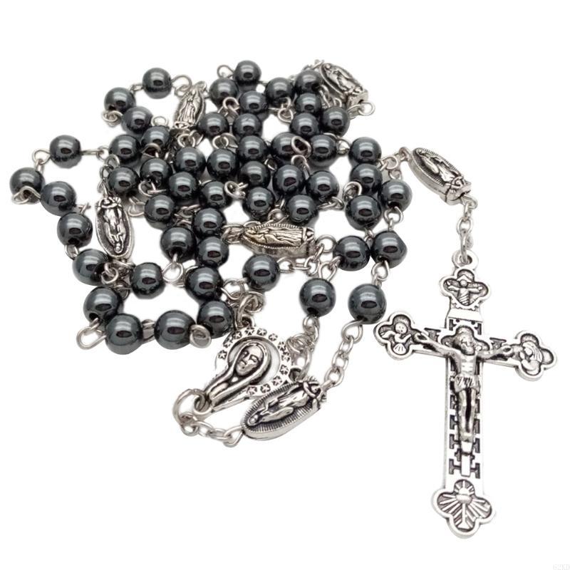 62KD Vintage Religion Rosary Necklace Hematite Stone Round Beads Chain with Jesus for Cross Pendant Necklace Catholic Jewelry