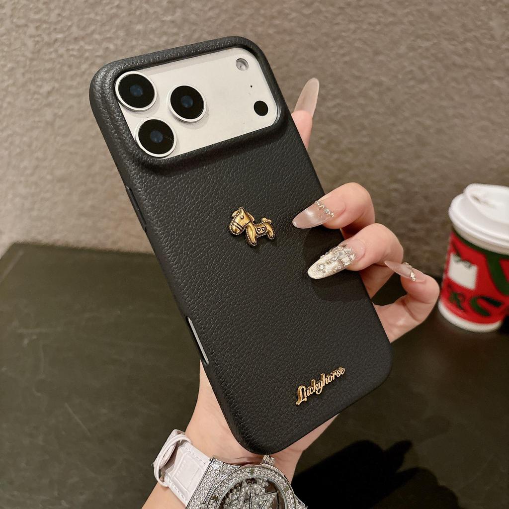 Apple iPhone 17 Promax Gold Little Horse Case, 16 Pro Leather Texture, 14 Soft Case, iPhone 15 Large Hole Cover