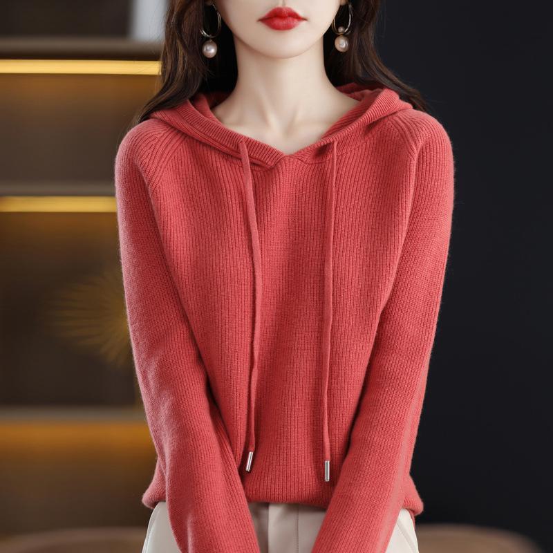 Women's Lace-up Knit Hoodie: Spring/Autumn Long Sleeve Loose Pullover Sweatshirt