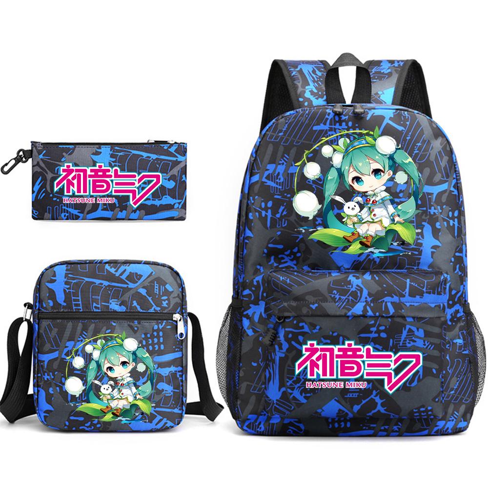 3Pcs/set Anime Cartoon Hatsune Miku Printed Backpack with Shoulder Bag Pencil Case for Teenager Student Boy Girl Large Capacity Waterproof Schoolbag