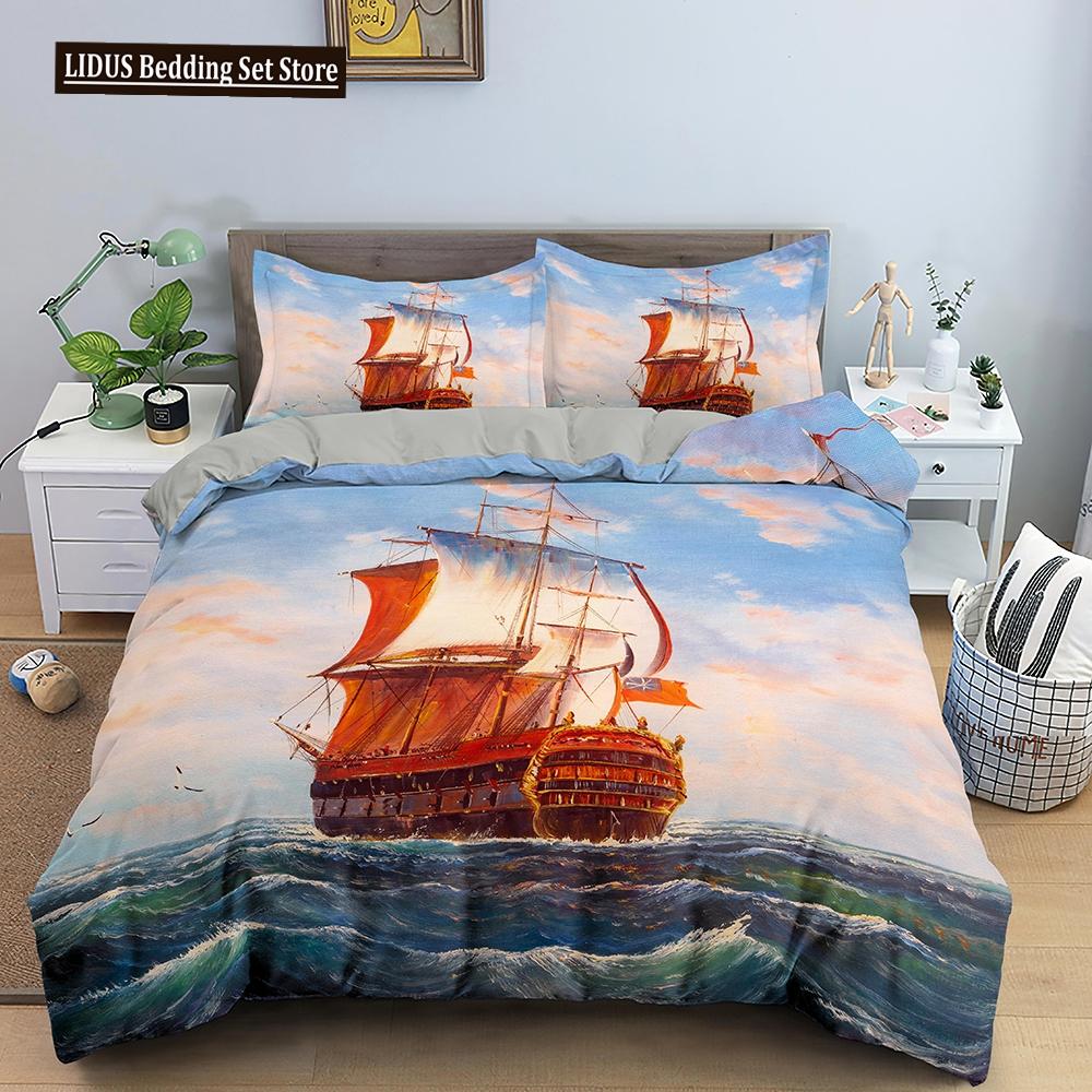 Sailing Ship Pattern Duvet Cover Set 3D Print Boat For Kid Teen Adult Bedding Set Polyester Comforter Cover Full King Twin Size
