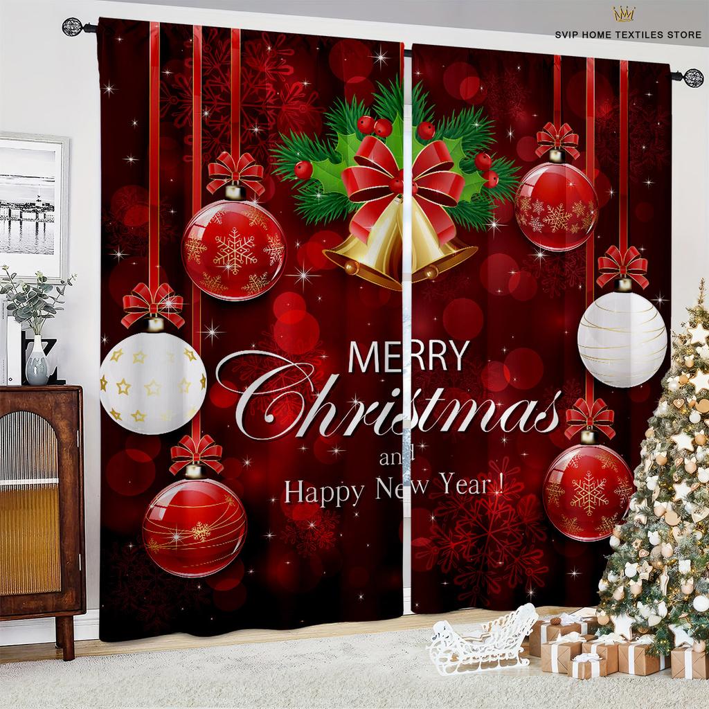 Christmas Animated Design Pattern Print Curtain, Snowflake Ball, Burgundy Car, Bedroom, Restaurant, New , Holiday Party Decoration, 2 Pcs