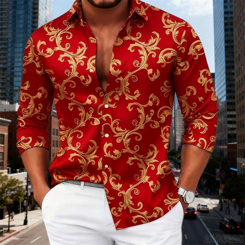16 colori camicia da uomo di lusso pattern barocco dorato manica lunga alla moda stampa retrò comoda senza stiro taglia grande top