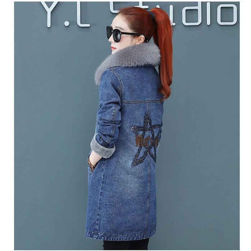 Denim Plus Velvet Jacket Women's Winter Big Fur Collar Mid-length Lamb Fleece Stitching Cotton-padded Jacket Thick Cotton-padded Jacket Women