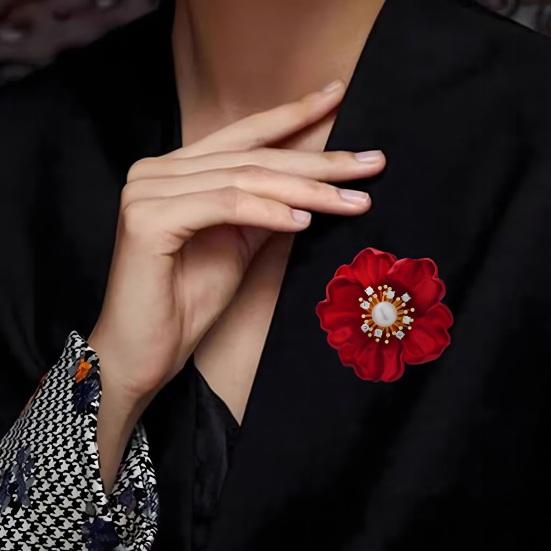 Mother Day Brooch Red Flower Design Brooch with Imitation Pearl Rhinestones Inlaid Weddings Parties Daily Wear