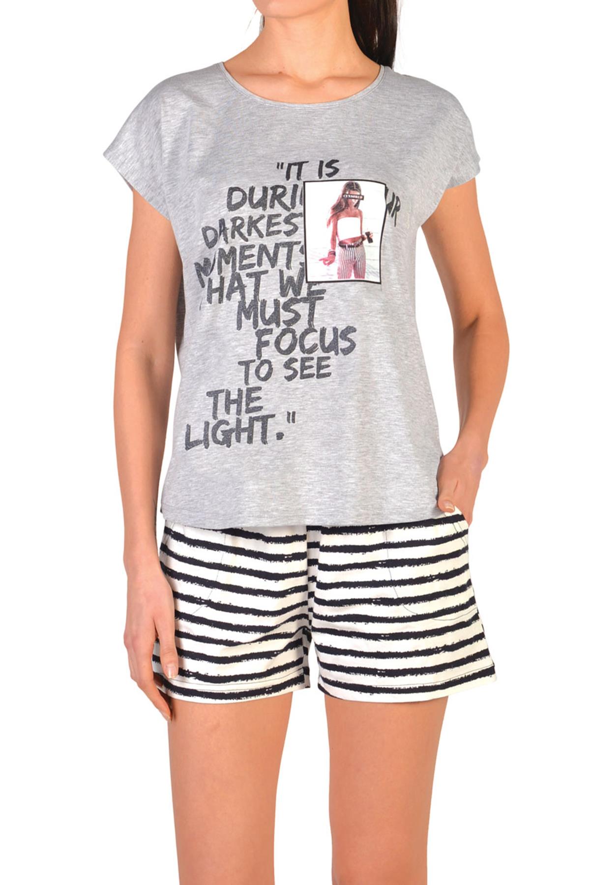 

Женские шорты, пижамный комплект, хлопок с короткими рукавами и карманами S серый