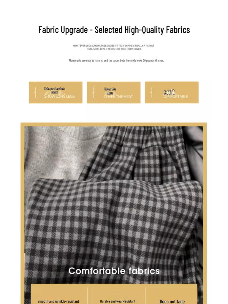 Women's High-Waisted Black & Gray Plaid Wide-Leg Pants - Slimming Casual Fit, Autumn/Winter Collection, Petite Size, Plus Velvet.