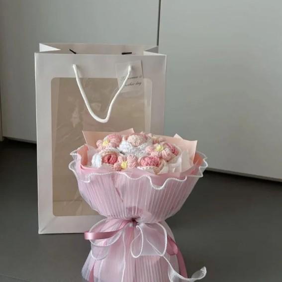 Handmade Wool Knitted Sunflower & Rose Bouquet - Ideal Gift for Teacher s Day or Birthdays Display Bag