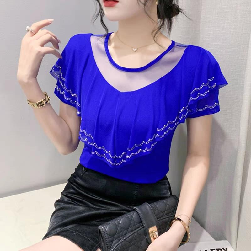 New Chic Summer Elegant Women T-Shirt Clothes Sexy Luxury Shiny Diamonds Tops Short Sleeved Ruffles Mesh Tees Blusas