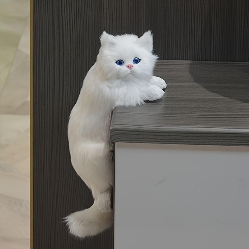Handmade Resin Cat Figurine - Realistic Fluffy Statue with Blue Eyes Pink Nose, Home Decor for Kitchen Living Room Wedding Gift