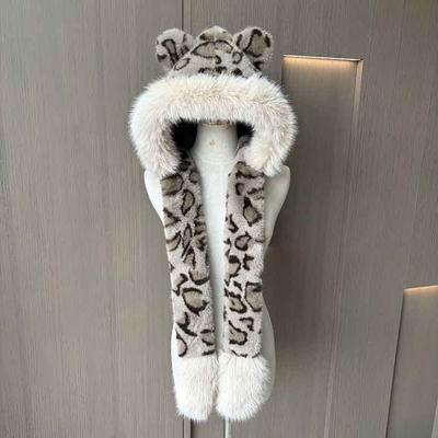 Winter Bear Ears Plush Hat Fashion Leopard Print Thickened Cold And Warm Integrated Hat Women'S Ear Hat