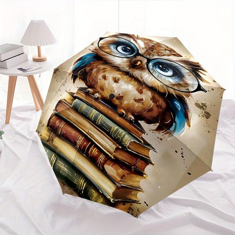 Owl, Books Automatic Opening and Closing Umbrella, Compact Travel Umbrella, Lightweight and Portable, Suitable for Beach Commuting Business