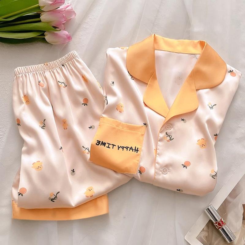Simple And High-End Ice Silk Girl Pajamas Summer Comfortable Short-Sleeved Trousers Loungewear Set