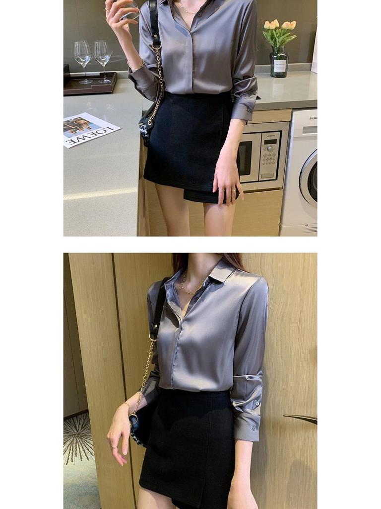 2025 Autumn Women's French Long Sleeve Acetate Satin Shirt